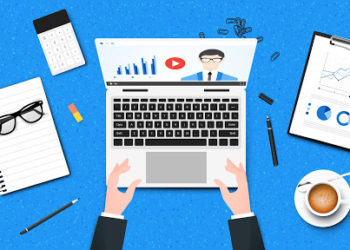 E-Learning Vector Illustration. Top View On Working Table With NoName Notebook Abstract Web Wrowser Iside, Paper Holder, Calculator And Cup Of Coffee,