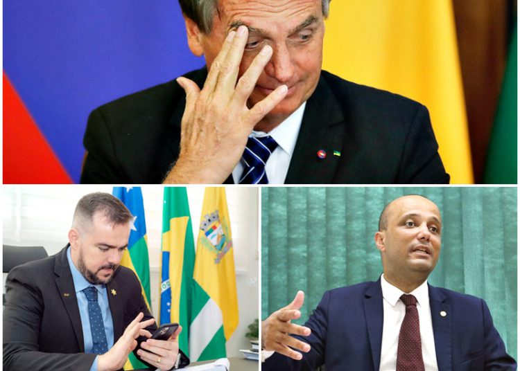 Imagem destada bolsonaro olhando para baixo, o prefeito gustavo mendanha e o deputado vitor hugo