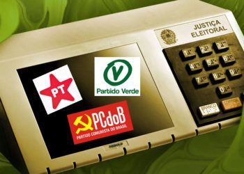 #PraTodoMUndoVer: A imagem mostra uma urna eletrônica com os logotipos do PT, PV e PC do B