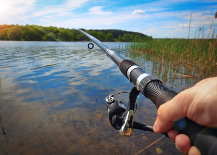 foto de homem com vara de pesca, pescando em leito d'água