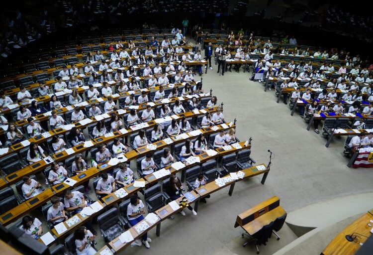 Simulação de sessão plenária realizada em edição anterior do Câmara Mirim – Foto: Pablo Valadares/Câmara dos Deputados