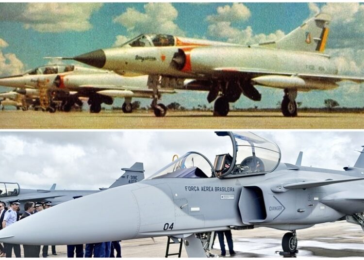 Na imagem, a antiga geração de caças, os Mirage, e os atuais F 39 Gripen