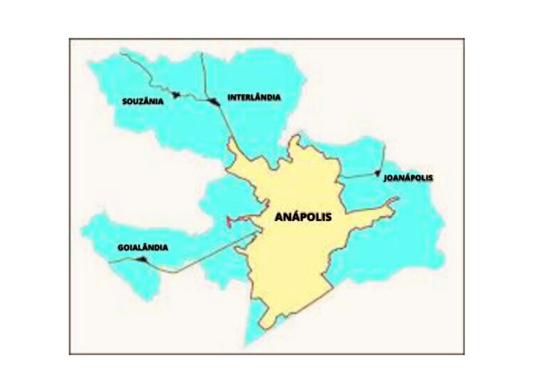 Perímetro urbano do munícipio de Anápolis com destaque para os distritos em 2022 Fonte: Plano Diretor de Anápolis adaptado (2016)