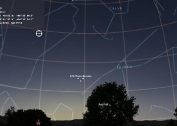 Simulação da posição do Cometa do Diabo no dia 25 de abril às 18h05 no céu do Rio de Janeiro. Imagem produzida com o software Stellarium Foto: Filipe Monteiro
© Fornecido por Estadão
