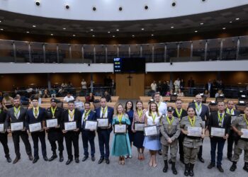 Foto oficial com os agraciados com a honraria da Assembleia Legislativa (Carlos Costa/Alego)