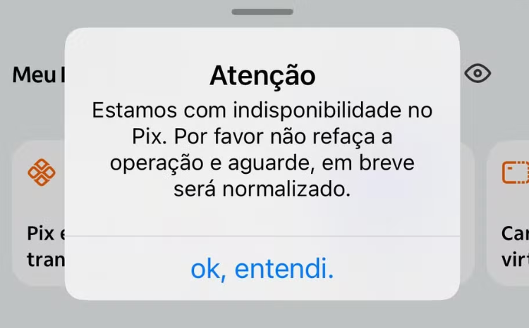 Print de tela de celular que mostra problema no PIX nesta quinta-feira (13) — Foto: Reprodução