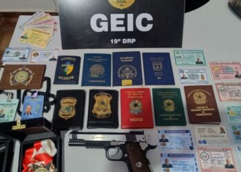 Durante as buscas foram encontrados insígnias da ONU, crachás e documentos de órgãos públicos e entidades (Divulgação PCGO)