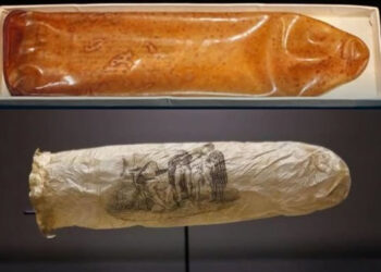 O segundo preservativo da imagem, também com cerca de 200 anos, foi encontrado em Amsterdã e apresenta uma ilustração erótica diferente, retratando um casal em cena íntima.  Imagem:Kelly Schenk/Rijksmuseum/Reprodução