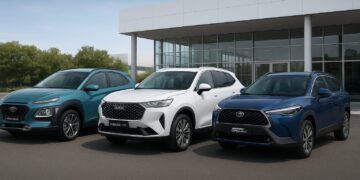 Hyundai Kona, GWM Haval H6 e Toyota Corolla Cross. Imagem: gerada por IA.