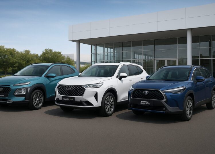 Hyundai Kona, GWM Haval H6 e Toyota Corolla Cross. Imagem: gerada por IA.