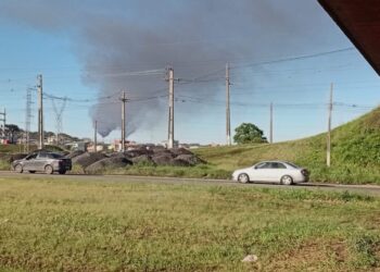 A coluna de fumaça podia ser vista a quilômetros de distância da subestação em chamas (Foto: Lineu Filho)