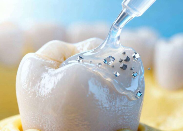 O gel foi projetado para simular as proteínas envolvidas na formação do esmalte na infância. Imagem: Reprodução