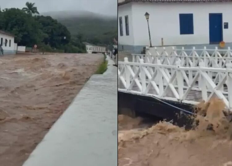 Rio Vermelho transborda após forte chuva na Cidade de Goiás (Foto: Reprodução)