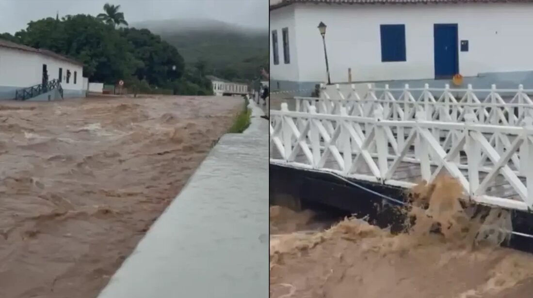 Rio Vermelho transborda após forte chuva na Cidade de Goiás (Foto: Reprodução)