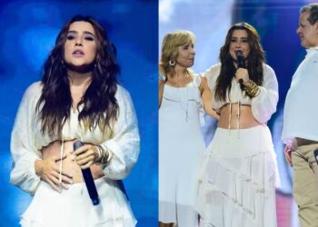 Lauana Prado anuncia gravidez em show na companhia dos pais — Foto: Webert Belicio / Agnews