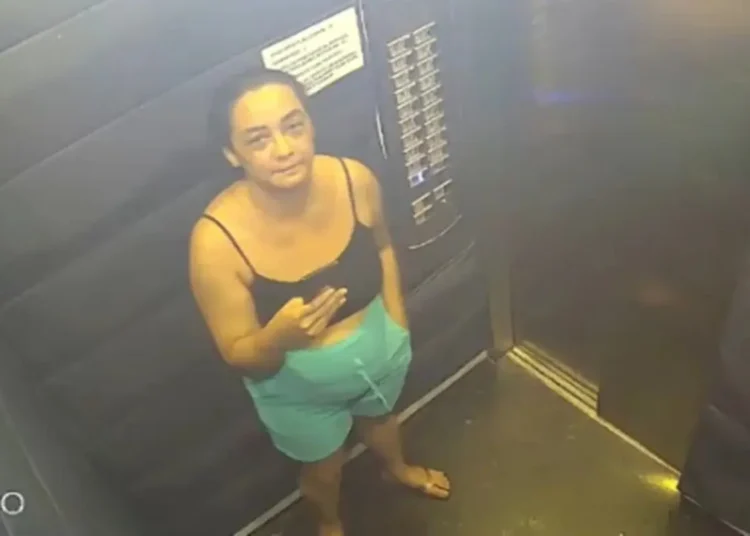 Câmera do elevador registrou quando Daiane Alves Souza foi para o subsolo para religar a energia elétrica do prédio onde morava em Caldas Novas (Foto: Reprodução/Vídeo)