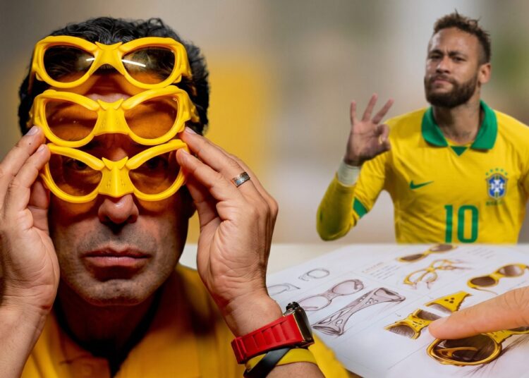 Neymar lança óculos de canarinho em colaboração para Copa do Mundo. Imagem: Gerada por IA