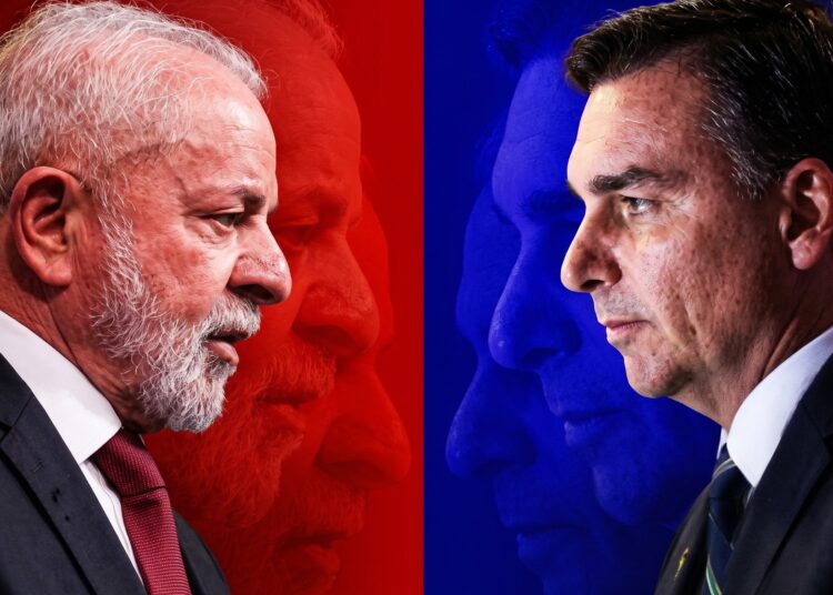 Lula e Flávio Bolsonaro. Imagem: Gerada com auxílio de IA